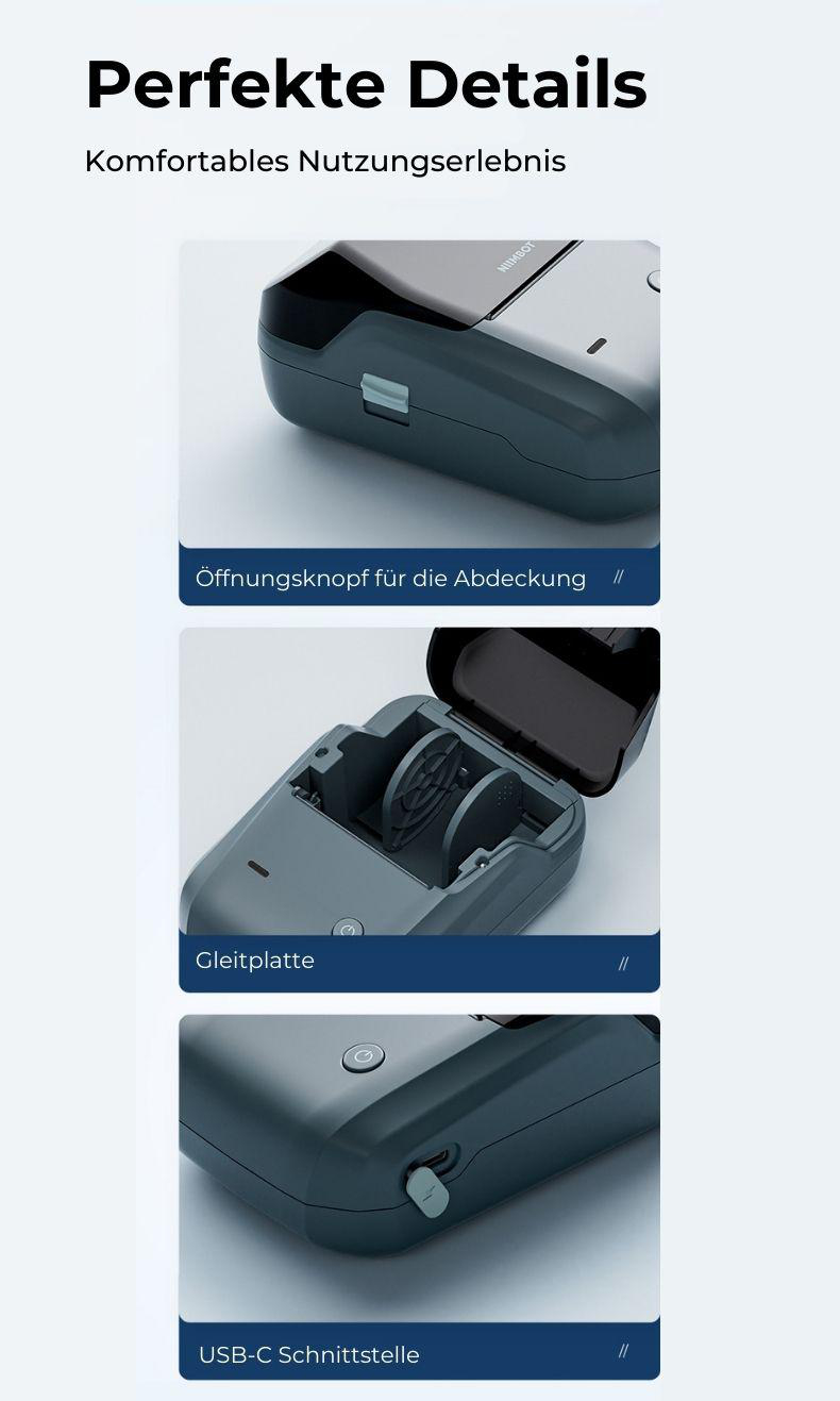 Bilder eines Etikettendruckers. Zeigt die Öffnungstaste, interne Komponenten und den USB-Anschluss.