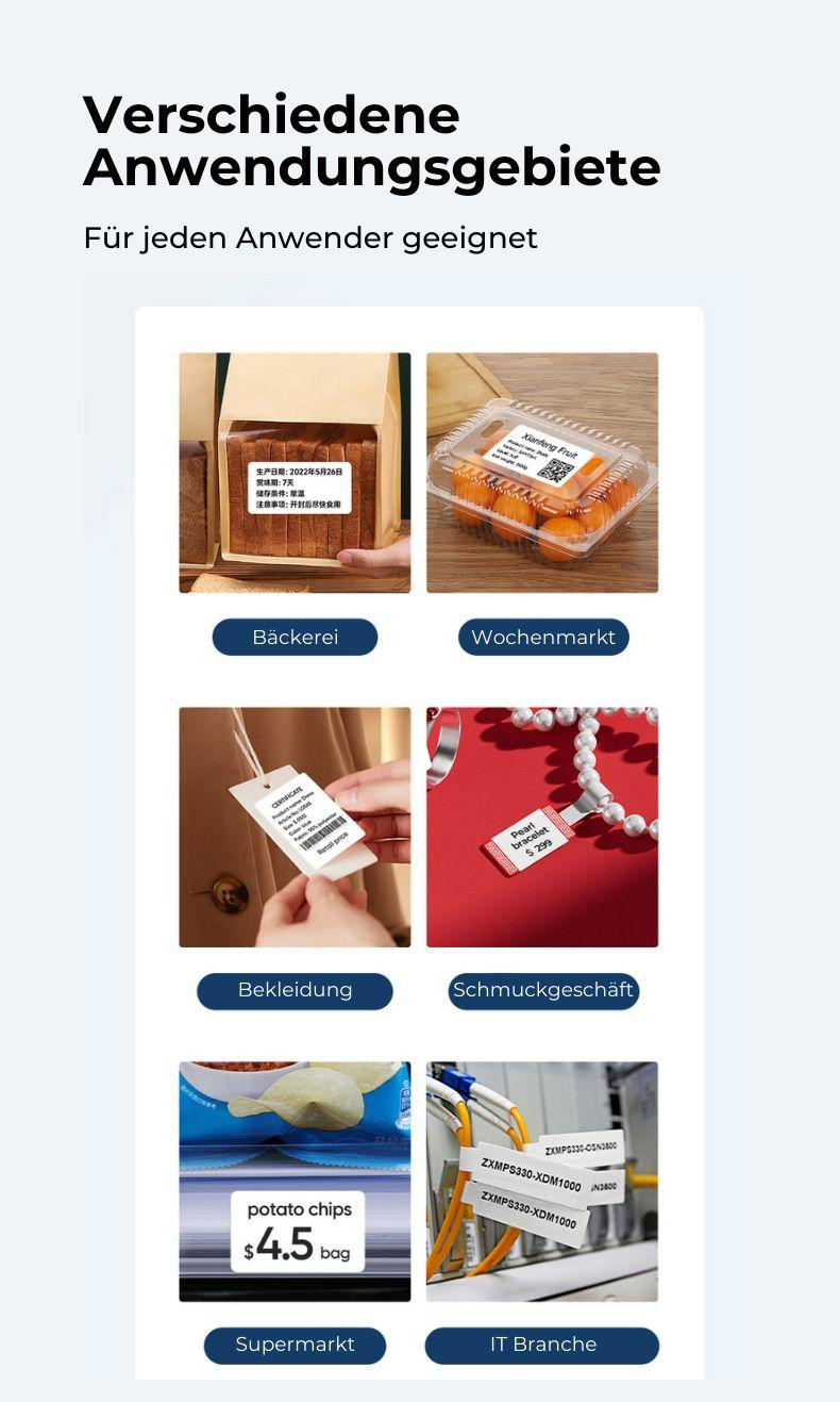 Etiketten auf verschiedenen Artikeln. Beispiele: Bäckerei, Wochenmarkt, Kleidung, Schmuck, Supermarkt, IT.