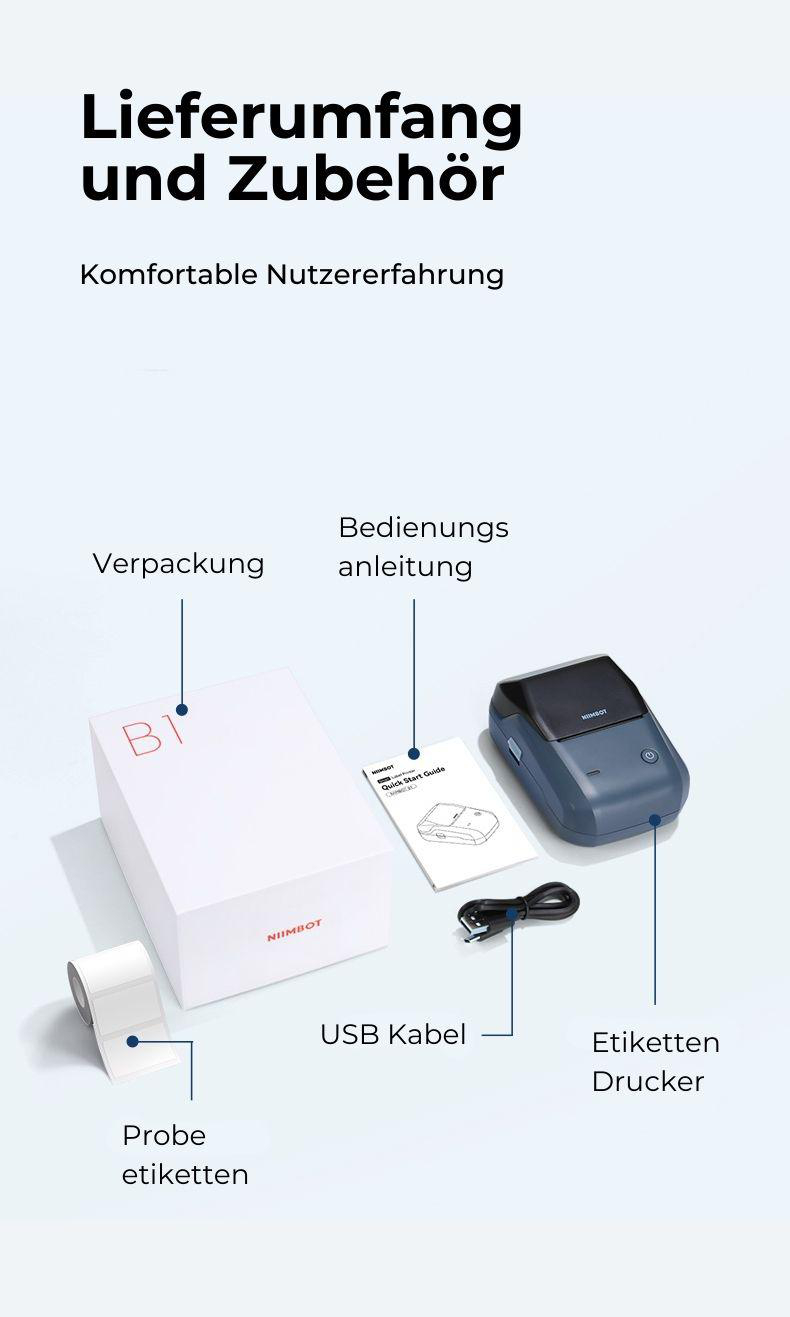 Ein Bild, das einen Etikettendrucker und sein Zubehör wie Etiketten, USB-Kabel und Benutzerhandbuch auf einer weißen Oberfläche zeigt.