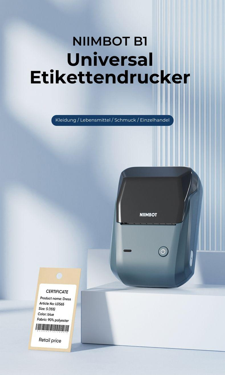 NIIMBOT B1 Etikettendrucker mit gedrucktem Etikett und Einzelhandelspreisschild.