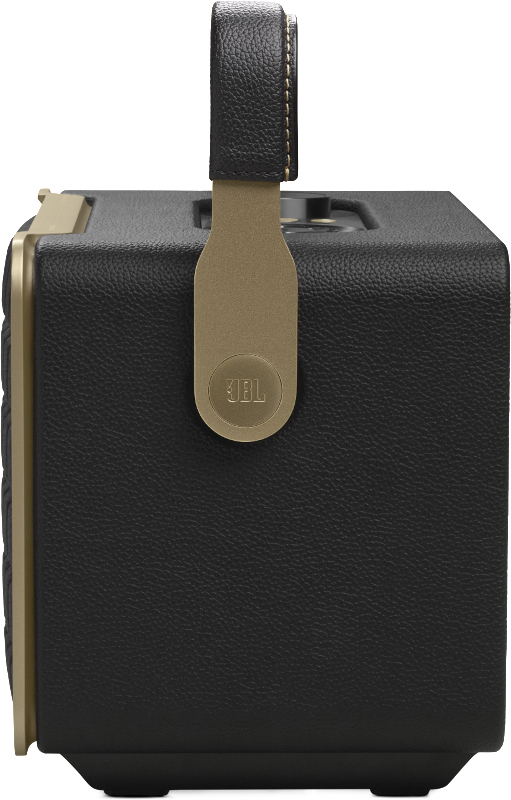 Seitenansicht eines schwarz-goldenen JBL-Lautsprechers mit schwarzem Griff, vor weißem Hintergrund.