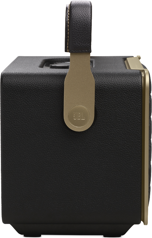 Seitenansicht eines schwarzen JBL-Lautsprechers mit goldenem Griff und Zierleisten, auf weißem Hintergrund.