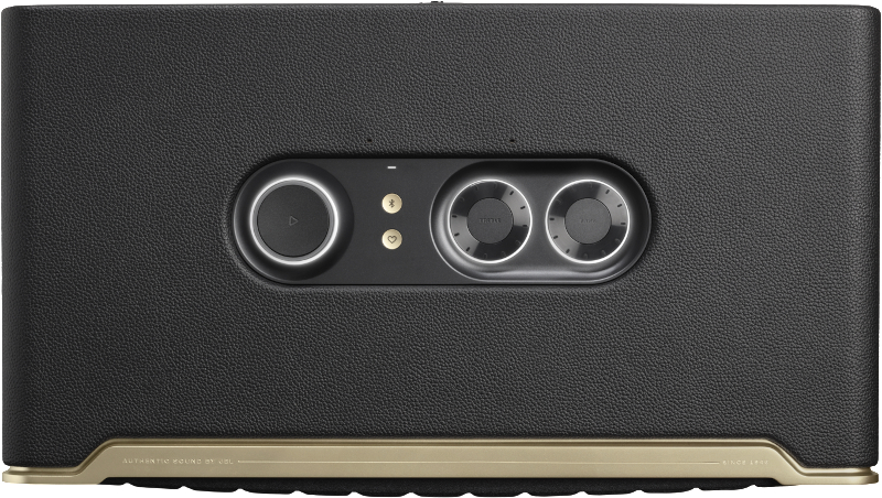 Ein schwarzer und goldener Marshall-Lautsprecher mit Wiedergabe-, Bluetooth- und Lautstärkereglern.