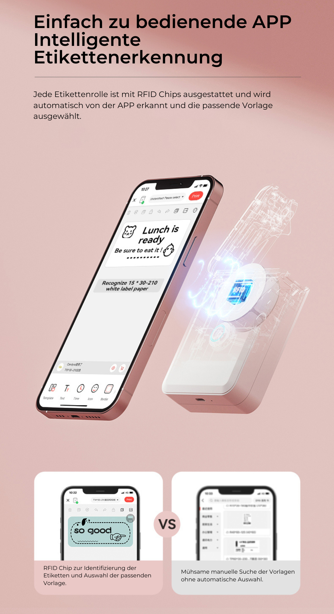 Smartphone mit Etikettendrucker. Das Telefon zeigt ein Etikettendesign, mit einem Drucker daneben.