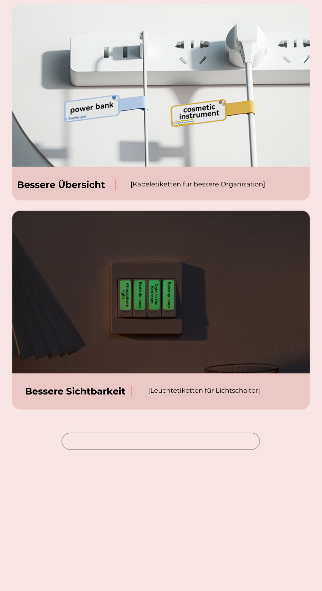 Zwei Bilder mit Etiketten zur Organisation von Kabeln und Lichtschaltern. Eines hat ein Powerbank-Etikett.