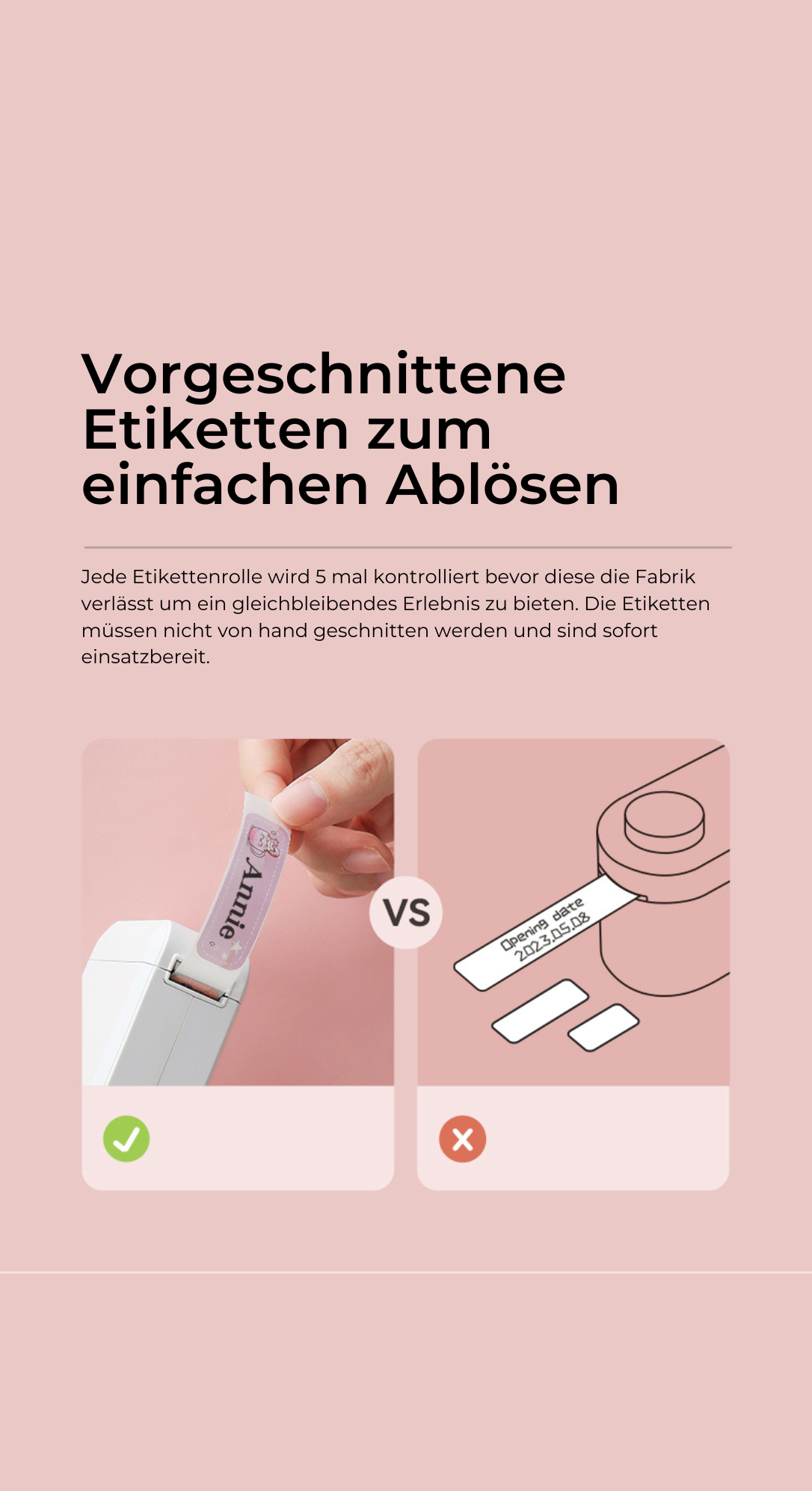 Ein Vergleichsbild von zwei Etiketten mit Etiketten für einen Etikettendrucker auf pinkfarbenem Hintergrund.