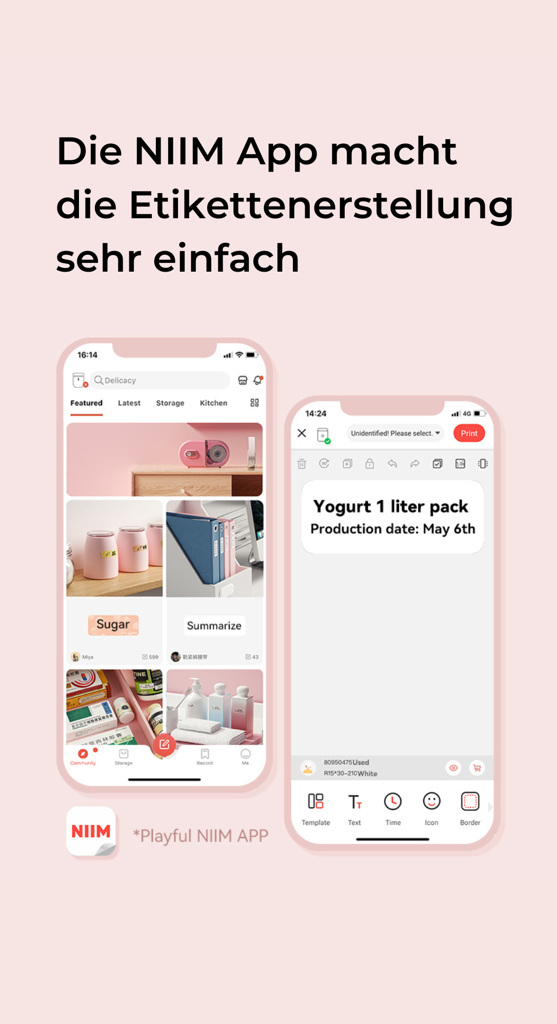 Zwei Telefone mit der NIIM-App-Oberfläche werden auf pinkfarbenem Hintergrund angezeigt.