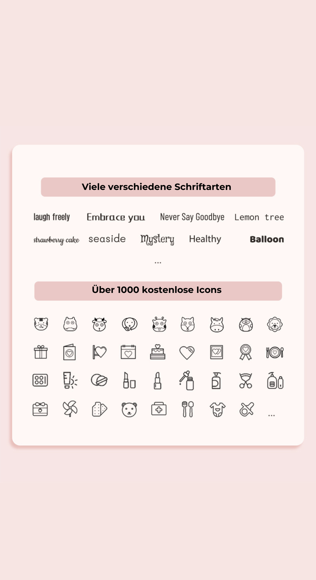Ein rosa Hintergrund mit Text und Symbolen. Viele Schriftarten und Symbole werden gezeigt.