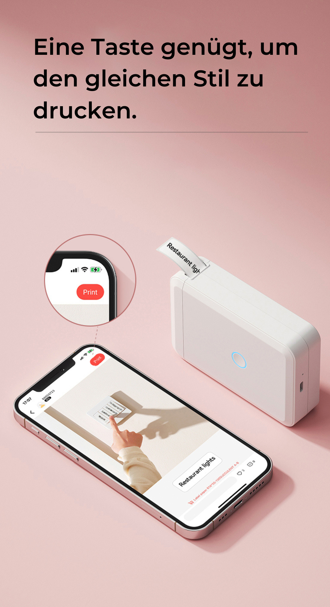 Eine Person, die ein Smartphone und einen weißen Drucker verwendet, mit rosa Hintergrund und Text auf dem Telefon.