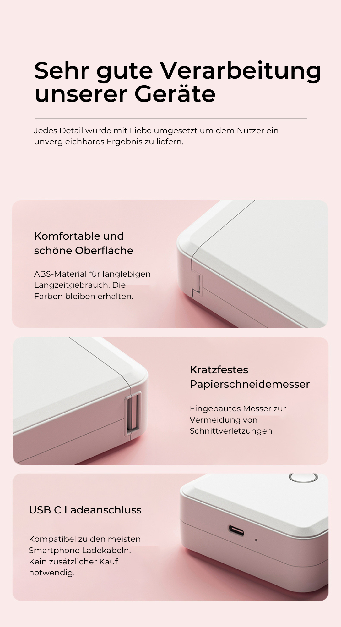 Nahaufnahme weißer elektronischer Geräte mit Text zur Beschreibung von Funktionen und Vorteilen.