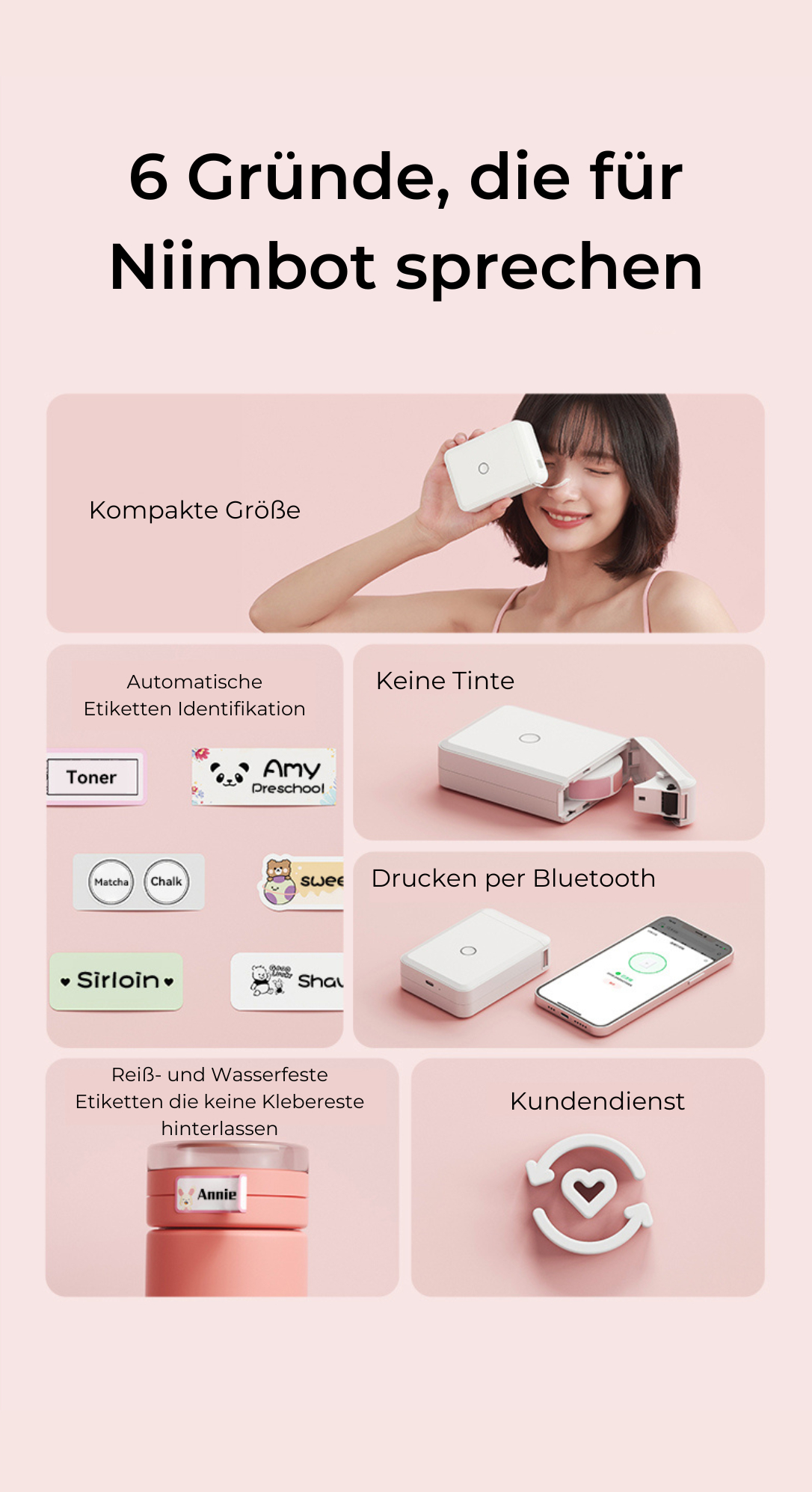 Bild einer Frau mit einem Etikettendrucker, mit Beispielen und Produktmerkmalen.