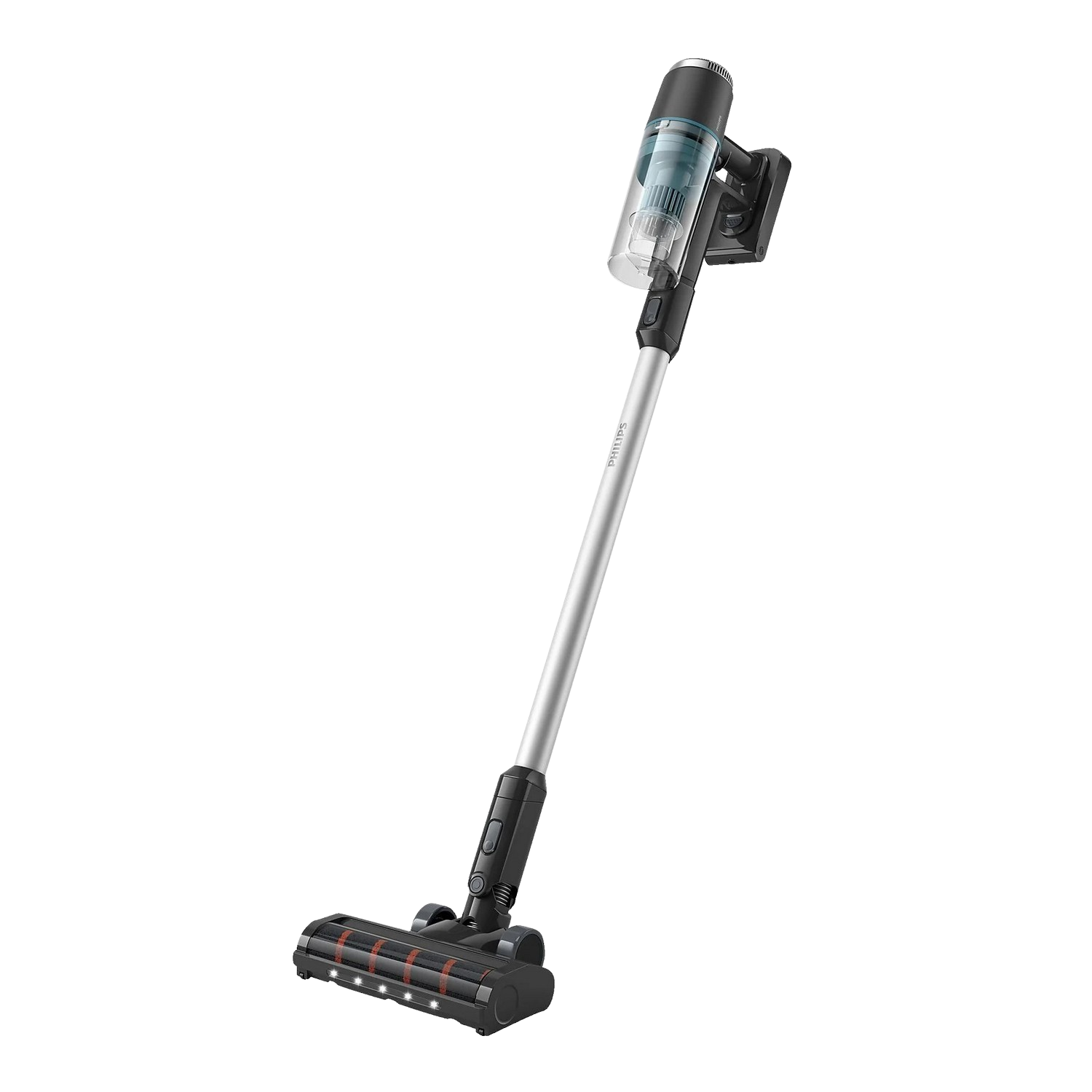Een draadloze stofzuiger met een zilveren handvat en een zwarte basis met rode details.