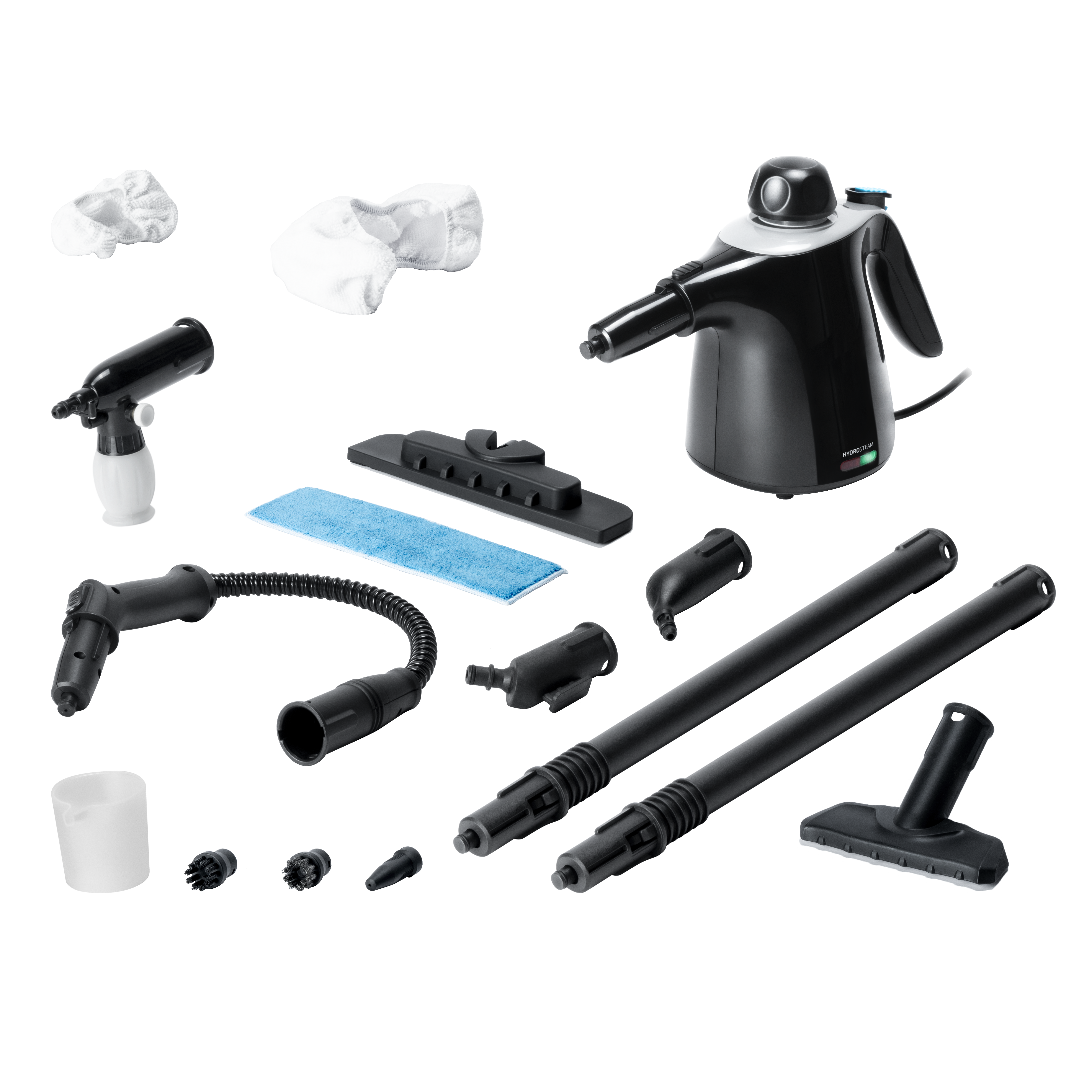 Limpiador de vapor negro con accesorios. Incluye varias boquillas y aditamentos.