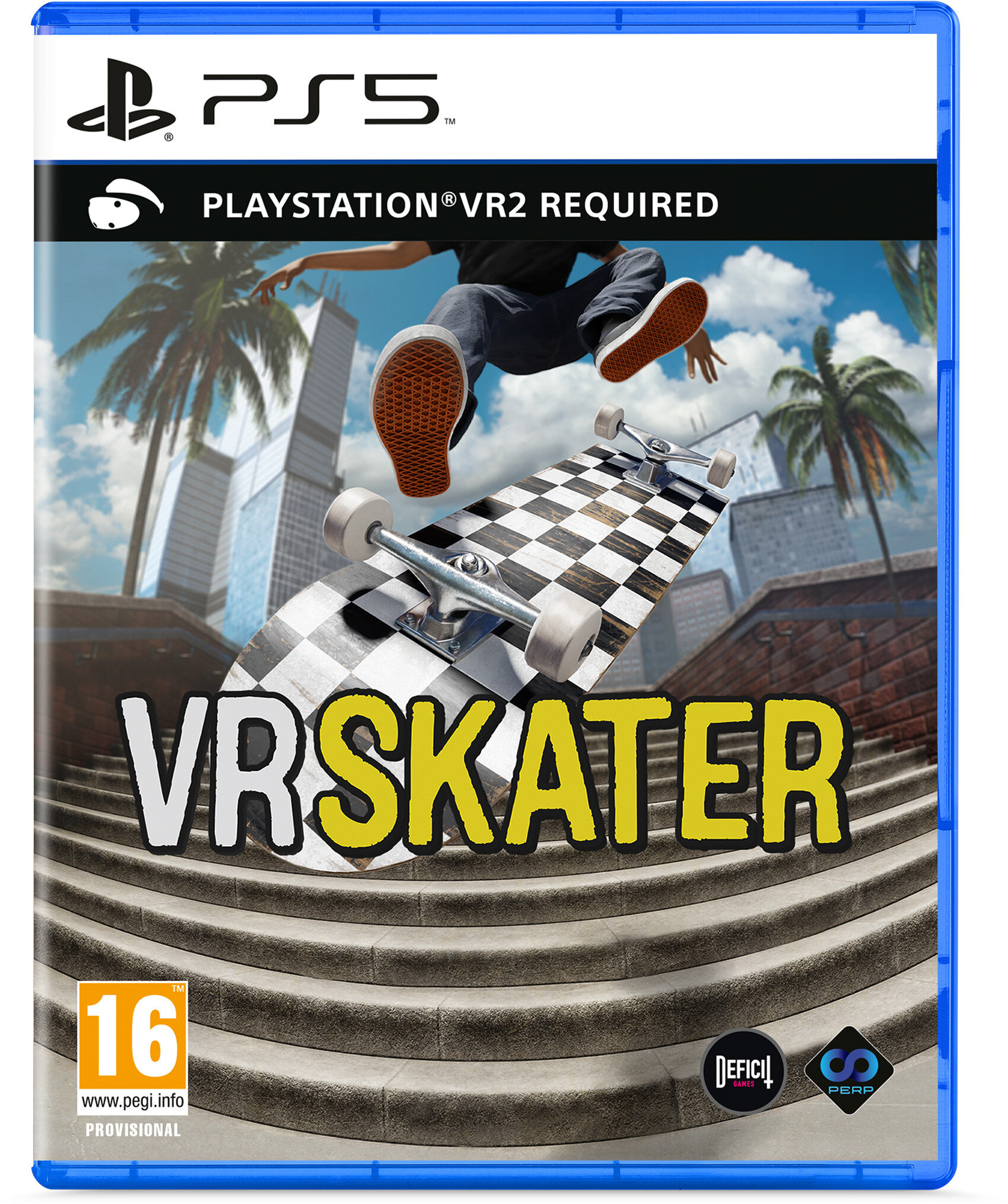 Pudełko gry PS5: VR Skater. Deskorolkarz na szachownicowej rampie, niebieskie tło.