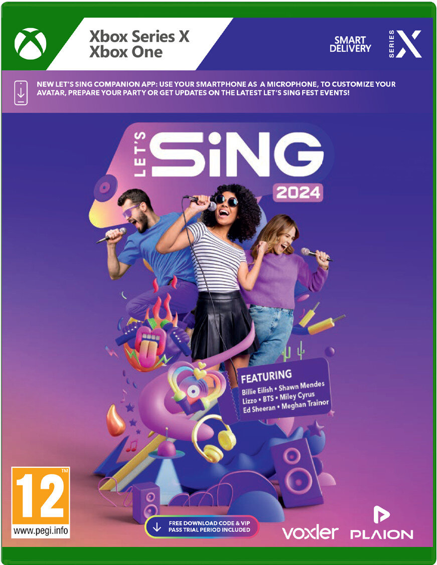 Grafika pudełka do gry 'Let's Sing 2024', z trzema śpiewakami z mikrofonami.