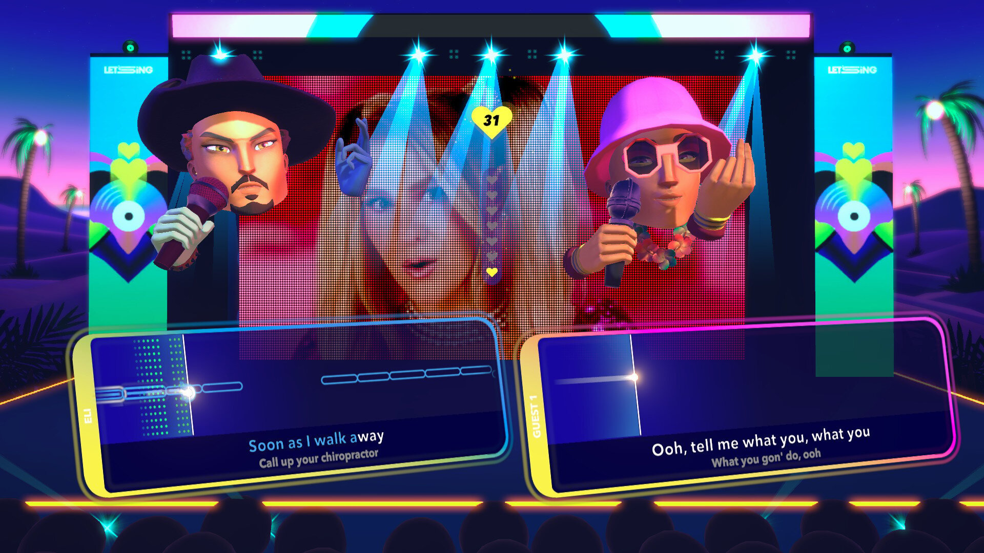 Dwóch kreskówkowych piosenkarzy na scenie, interfejs gry karaoke na ekranie.