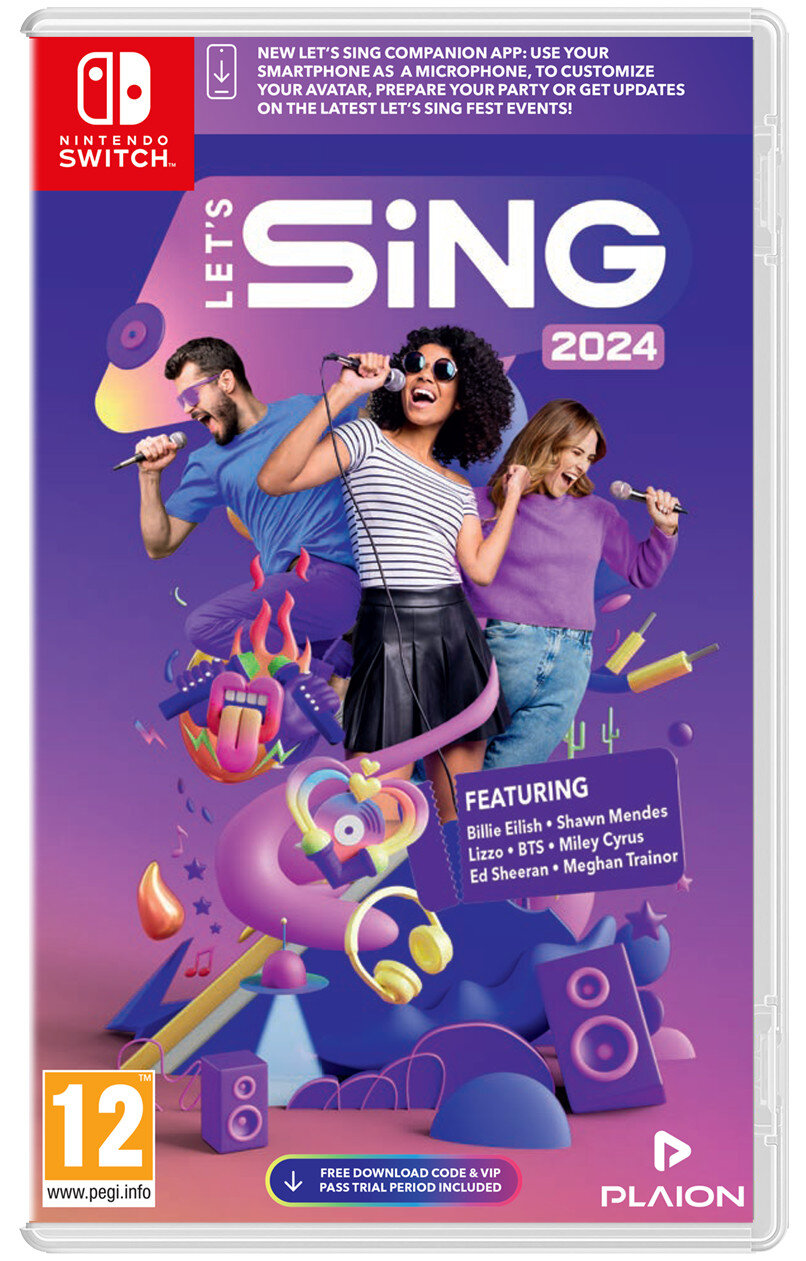 Okładka gry: Ludzie śpiewają do mikrofonów. Kolorowe tło. Logo Nintendo Switch, tytuł Let's Sing 2024.