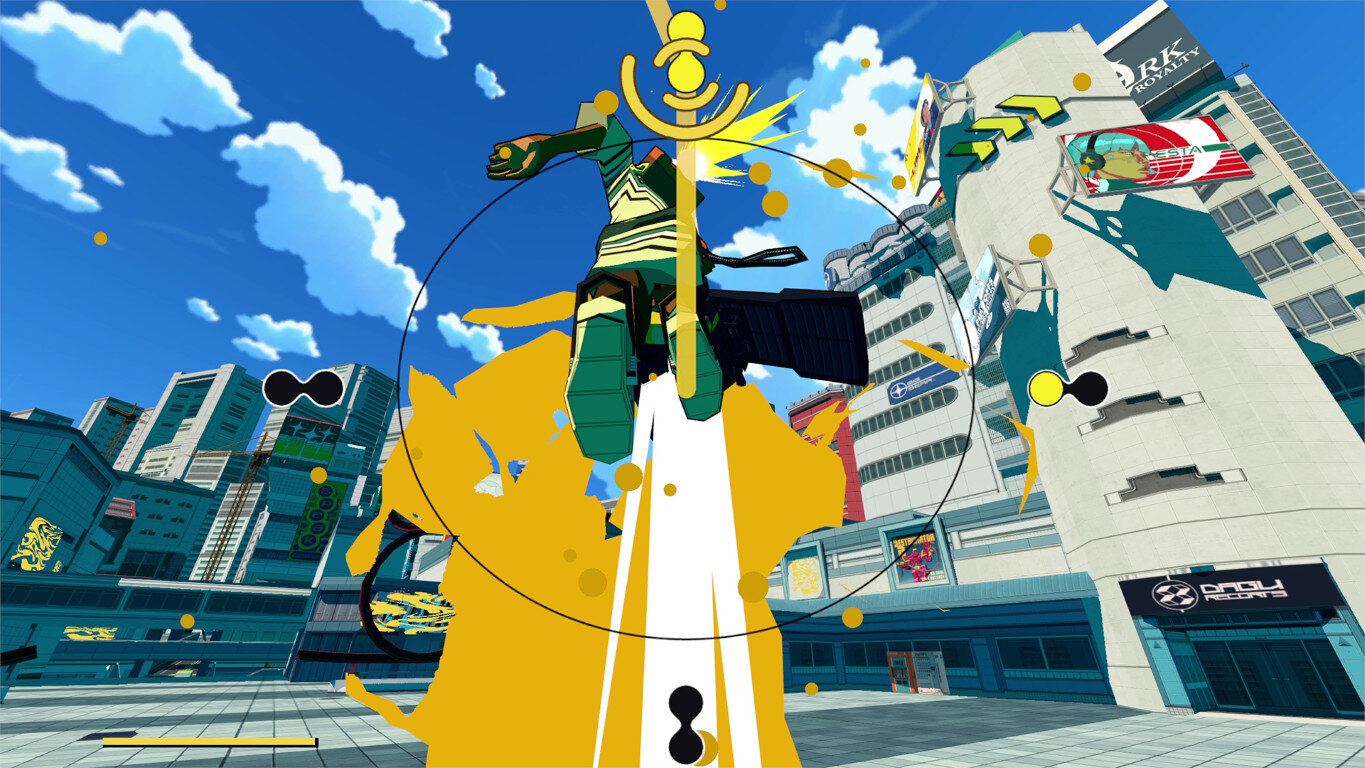 Scena z gry wideo. Budynek z mieczem z żółtymi elementami graficznymi na niebie.