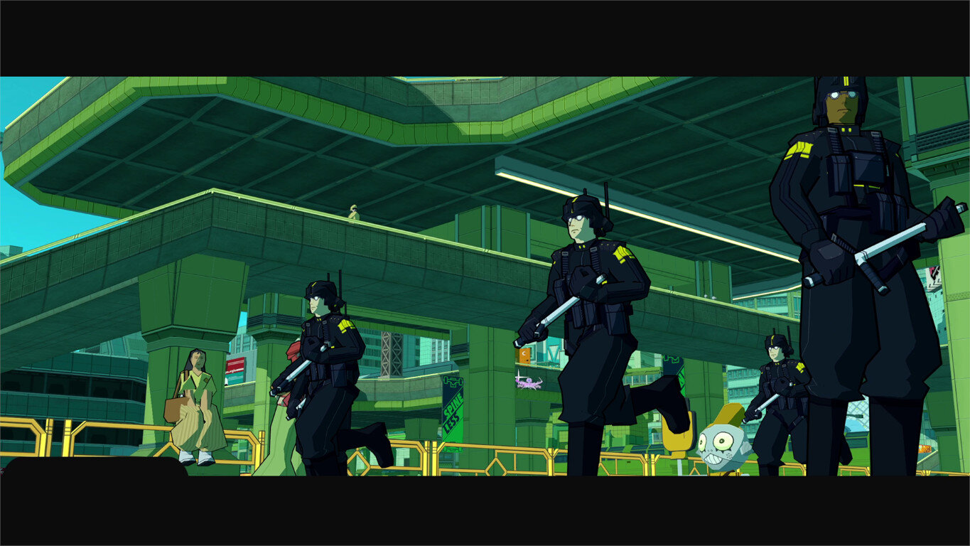 Scena w stylu anime z biegnącą policją, zielone tło, futurystyczne miasto, z robotem.