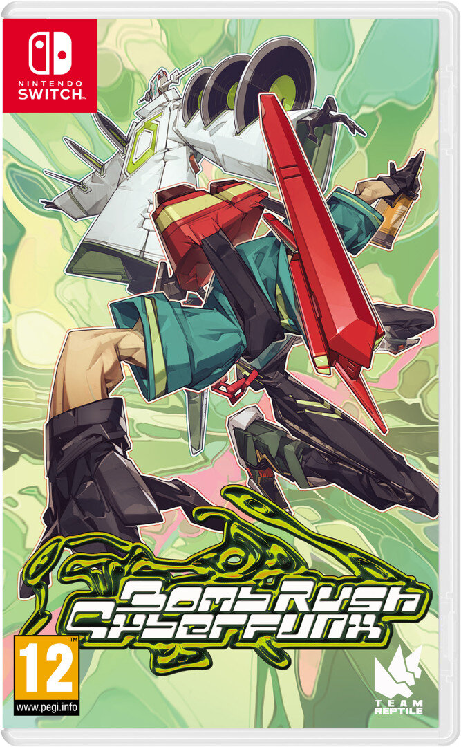 Pudełko gry Nintendo Switch, Bombrush Cyberfunk, postacie i grafika.
