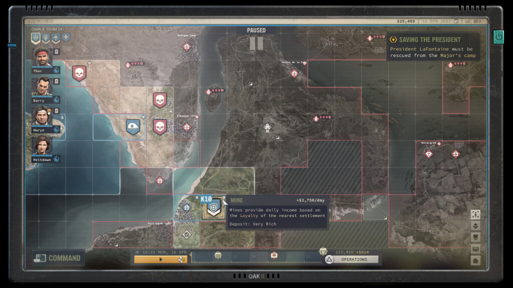 Interfejs gry pokazujący mapę z ikonami i tekstem.