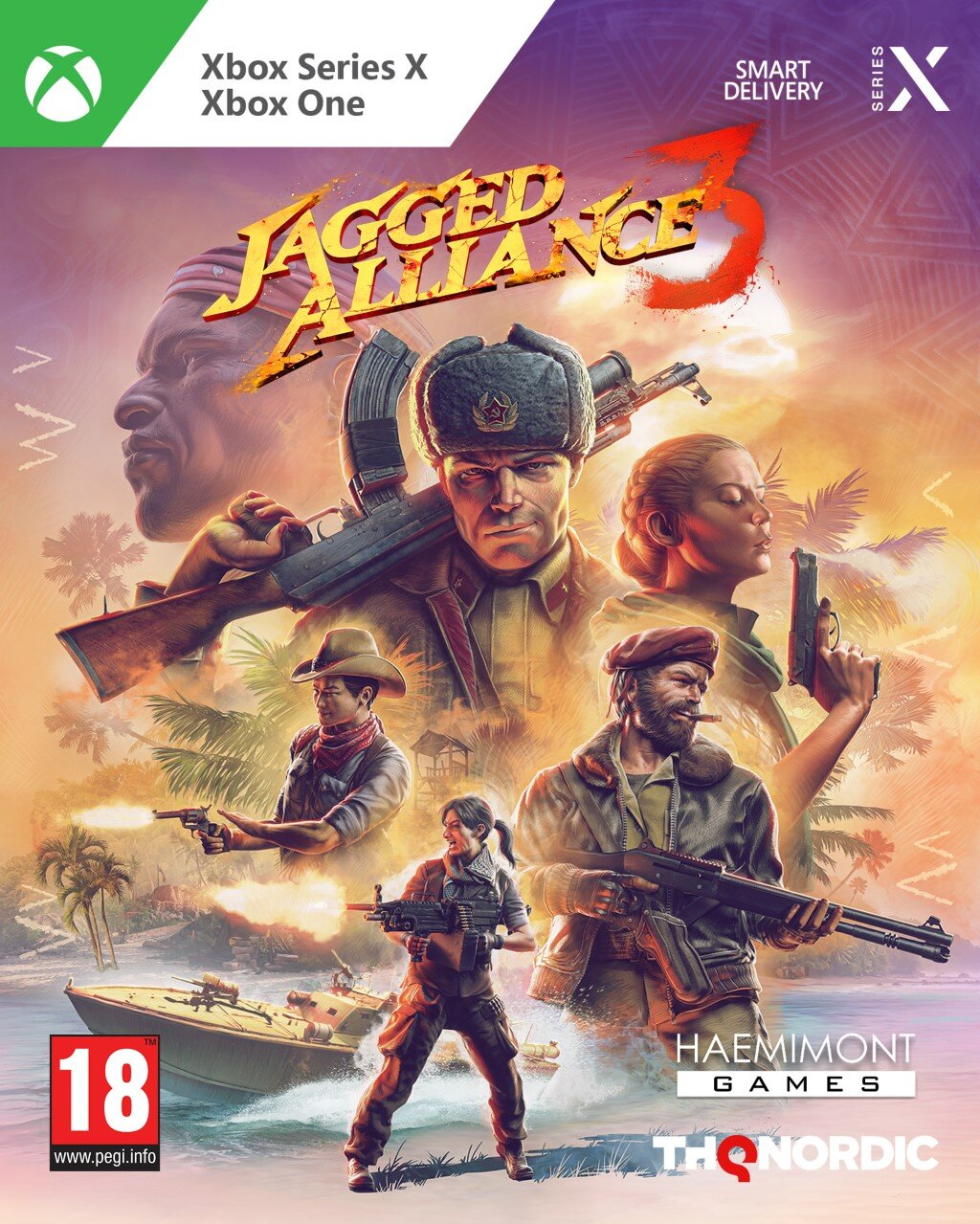 Pudełko gry Xbox Series X, 'Jagged Alliance 3'. Pełna akcji okładka z postaciami.