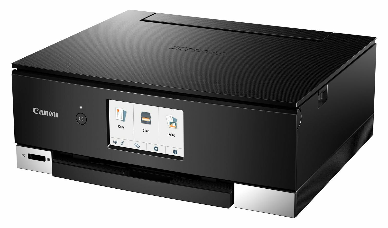 Czarna drukarka Canon z ekranem LCD, pokazująca opcje kopiowania, skanowania i drukowania. Srebrna podstawa, białe tło.