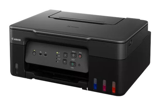 Czarna drukarka Canon z kolorowymi pojemnikami z tuszem i panelem sterowania z przyciskami i wskaźnikami.