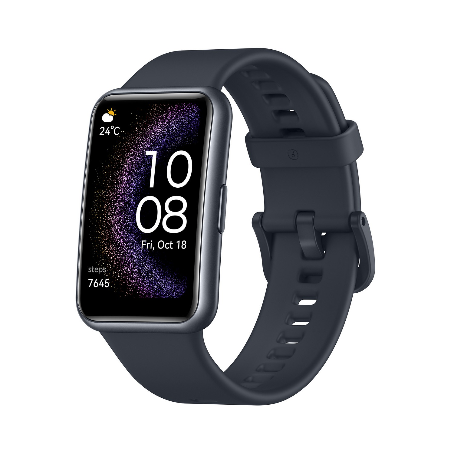 Black smartwatch with a black band, displaying time, date, and activity data.