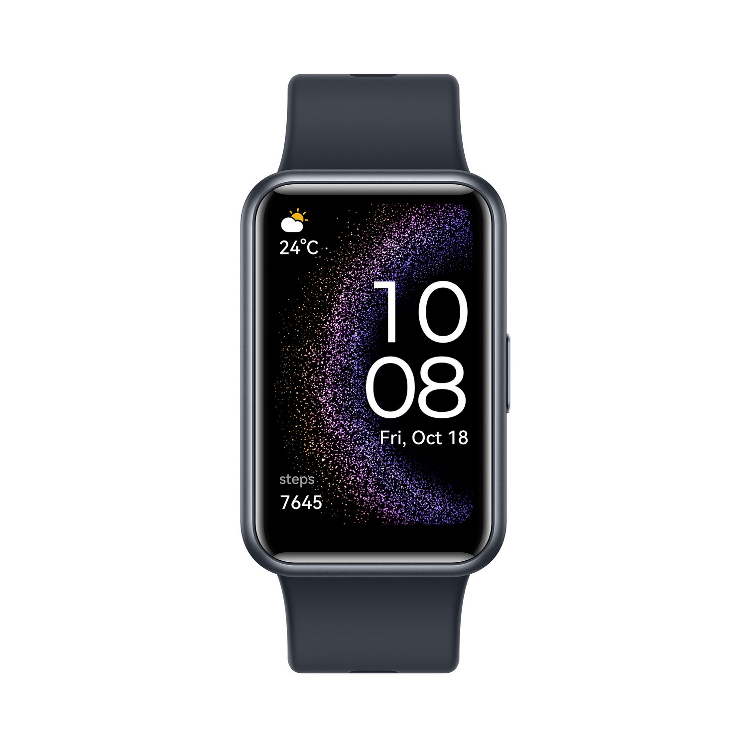 Smartwatch with black strap displaying the date and time. The watch shows steps, temperature, and weather.