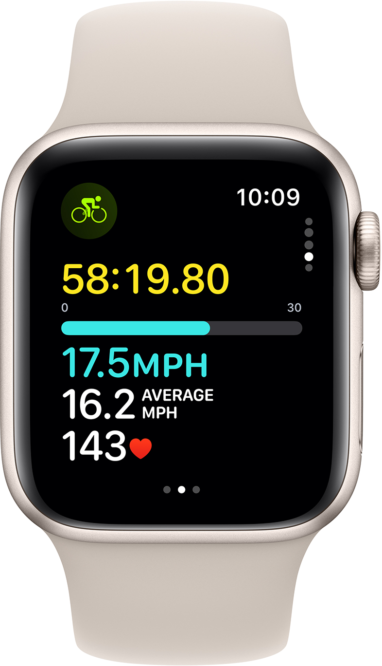 Apple Watch kerékpáros adatokkal, bézs szíjjal.