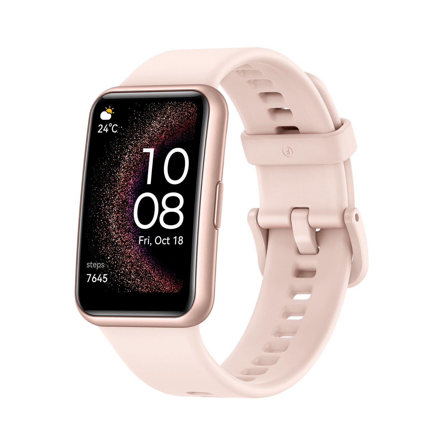 Pink smartwatch displaying time and steps, with a pink band, isolated on white, product shot.