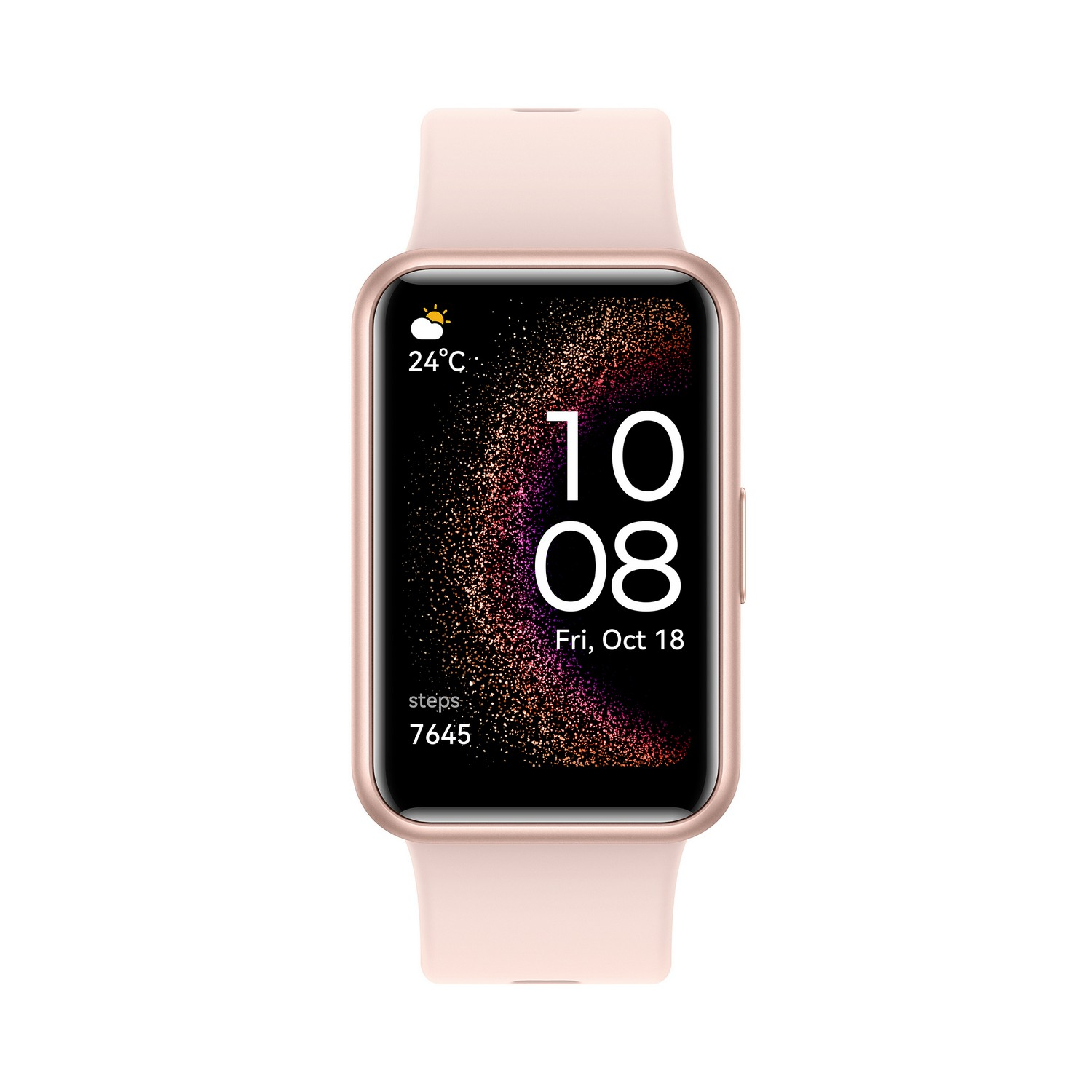 A pink smartwatch displaying the date and time. It also shows steps and the outdoor temperature.