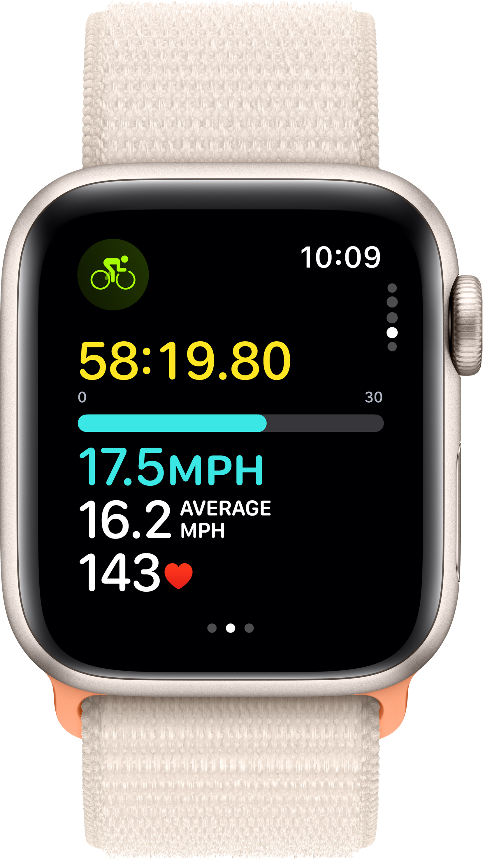 Apple Watch kerékpározási adatokkal: idő, sebesség, távolság és pulzusszám. Krém színű szíj.