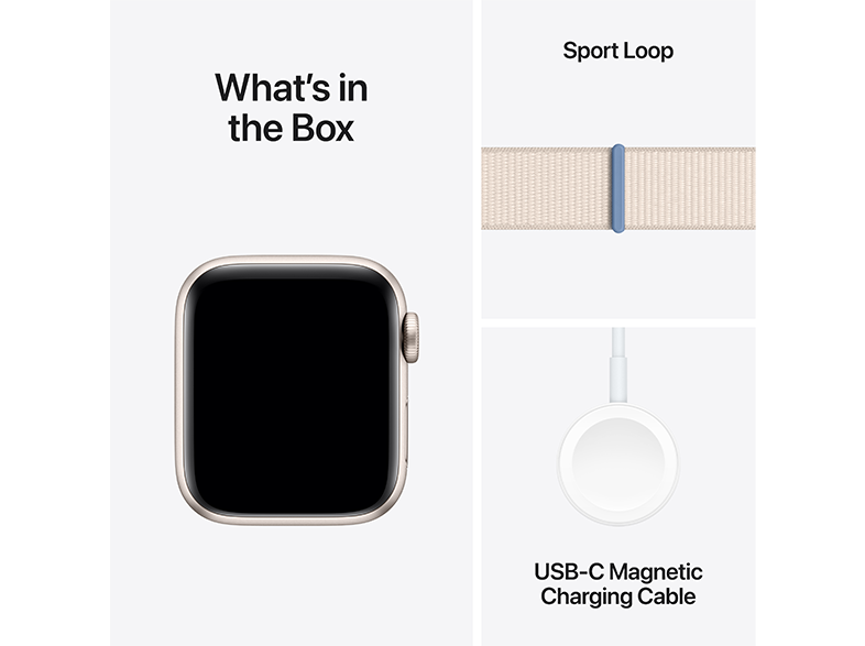 Kép egy Apple Watch-ról, sport Loop szíjjal és töltőkábellel, a 'Mi van a dobozban' felirattal.