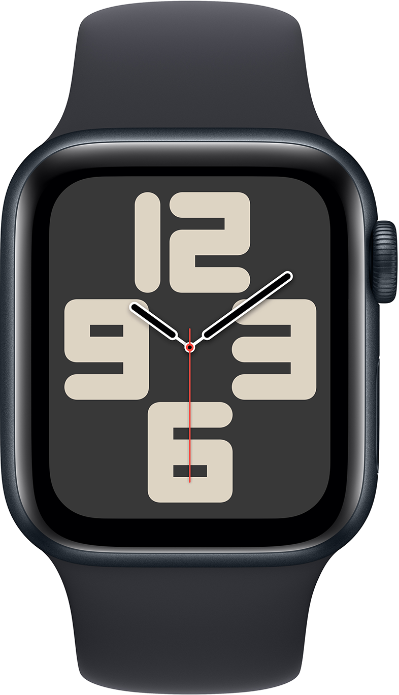 Egy Apple Watch Series 7 fekete tokkal és fekete számlappal, nagy fehér számokkal.