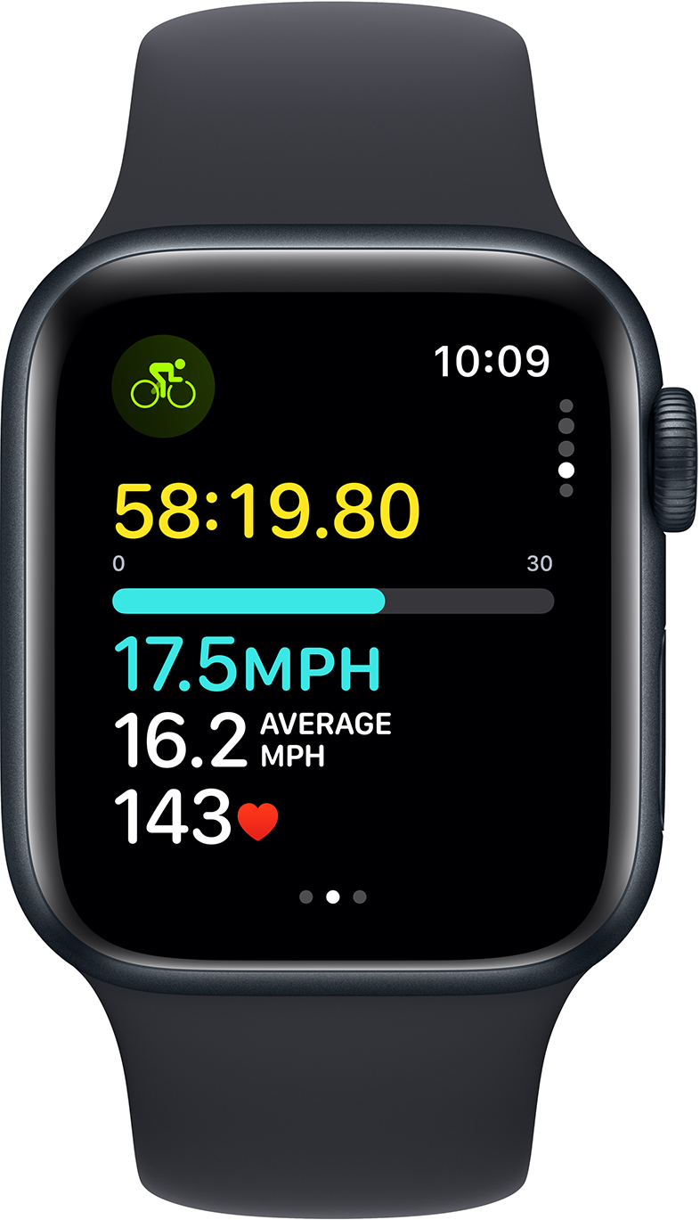 Apple Watch kerékpáros statisztikákkal a képernyőn, idő, sebesség, pulzus és távolság.
