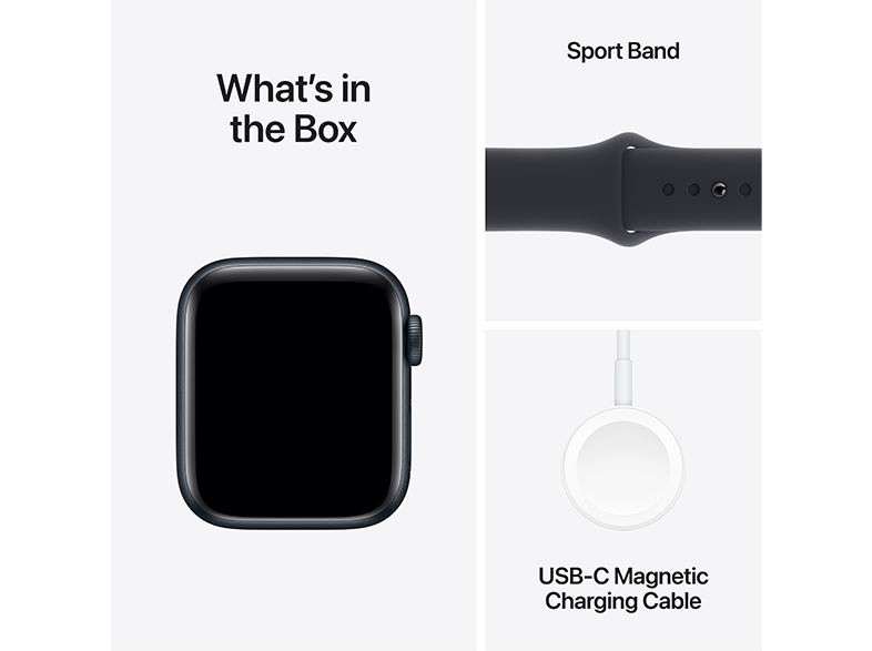 Egy Apple Watch doboz az órával, egy sport szíjjal és egy töltőkábellel, a 'Mi van a dobozban' szöveggel.