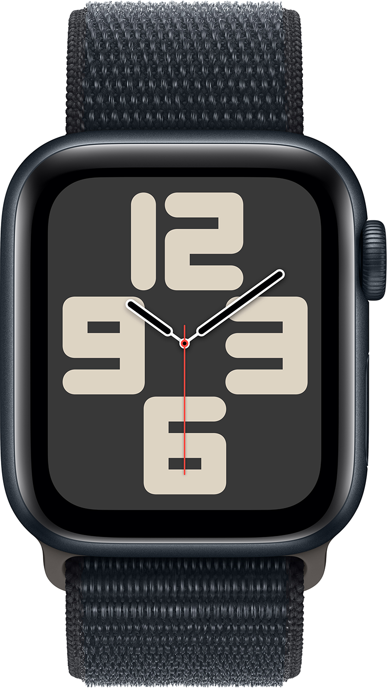 Apple Watch fekete szíjjal, az időt mutatja, látható a 12, 3, 6 és 9.