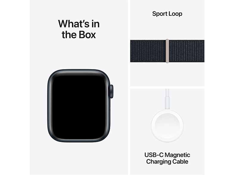 Az Apple Watch doboz tartalma, beleértve az órát, a sport hurkos szalagot és a töltőkábelt.