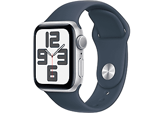 APPLE Watch SE 2023 GPS, 40mm, ezüst alumíniumtok, viharkék sportszíj, M/L (MRE23QH/A)