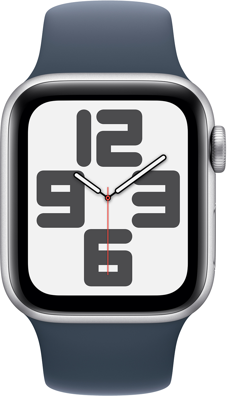 Ezüst Apple Watch kék szíjjal. Az óralap az időt mutatja.