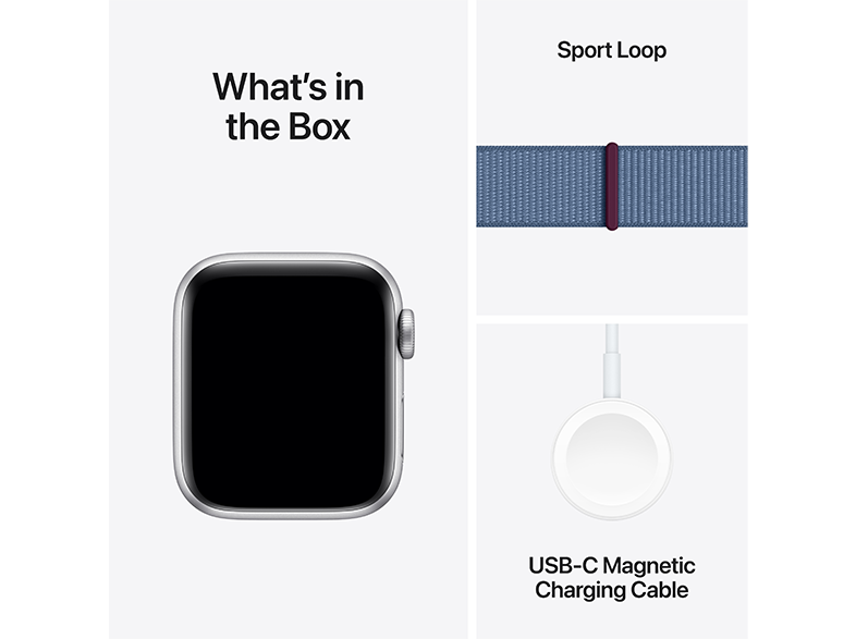 Apple Watch a dobozban, sport loop szíjjal és töltőkábellel. Fehér háttér.