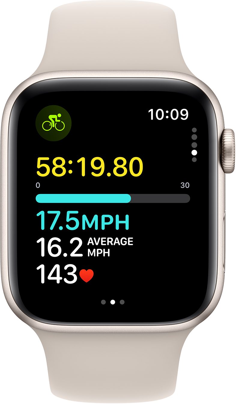 Apple Watch kerékpáros statisztikákkal a képernyőn, idő, sebesség, pulzus és távolság.