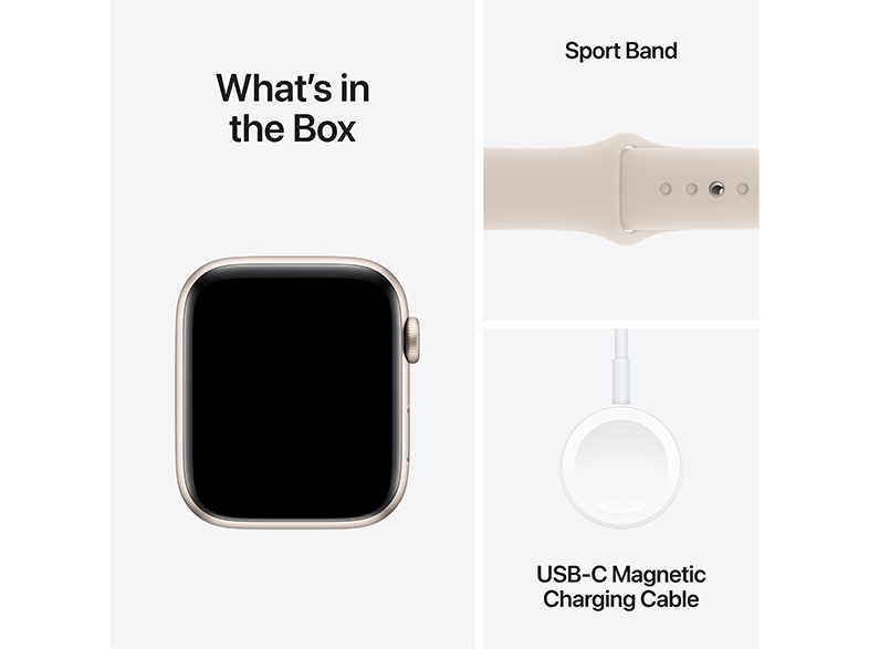 Apple Watch, sport szíj és töltőkábel, fehér felületen elrendezve.