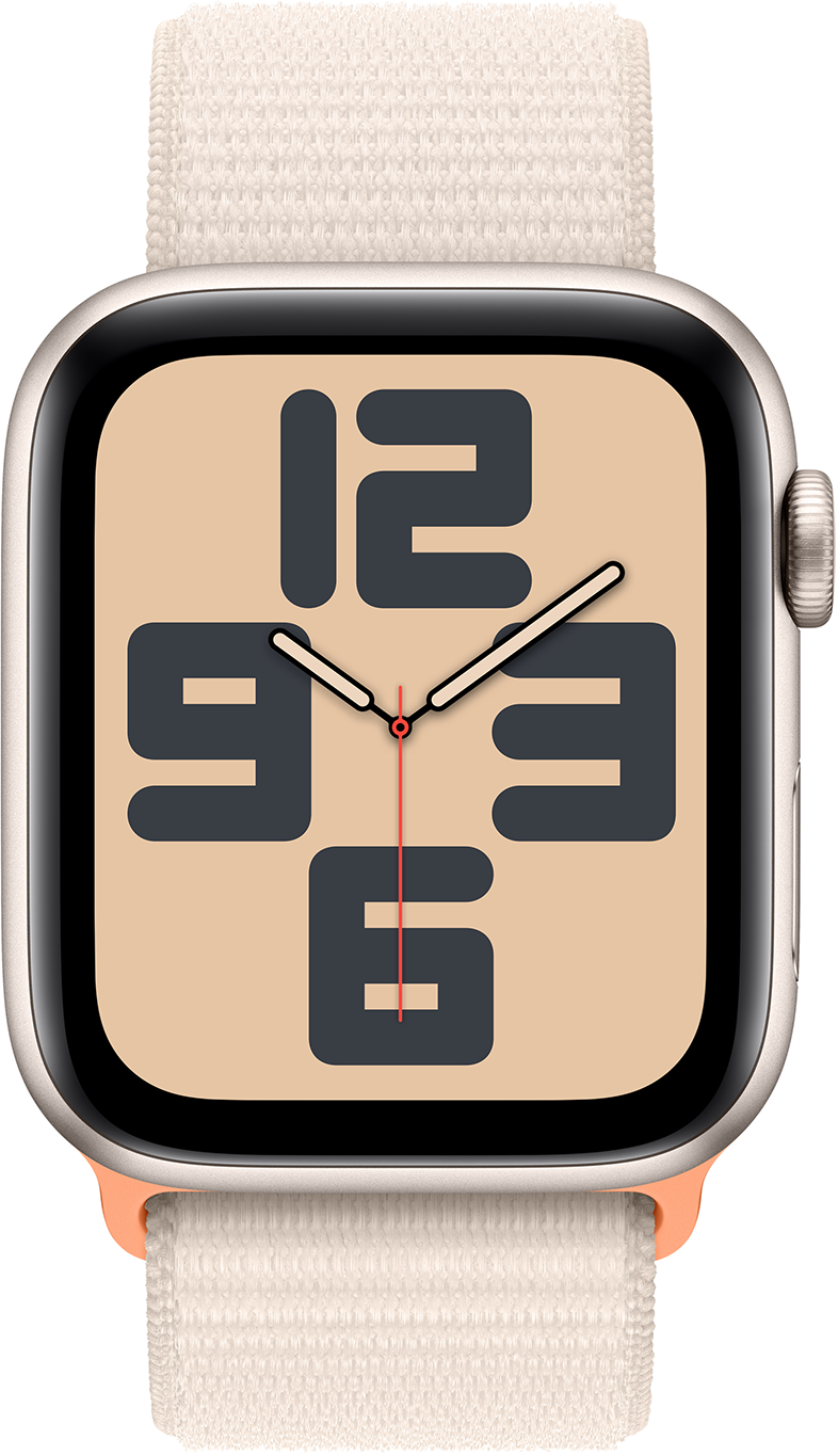 Egy Apple Watch krémszínű szíjjal és digitális számlappal, nagy számokkal.