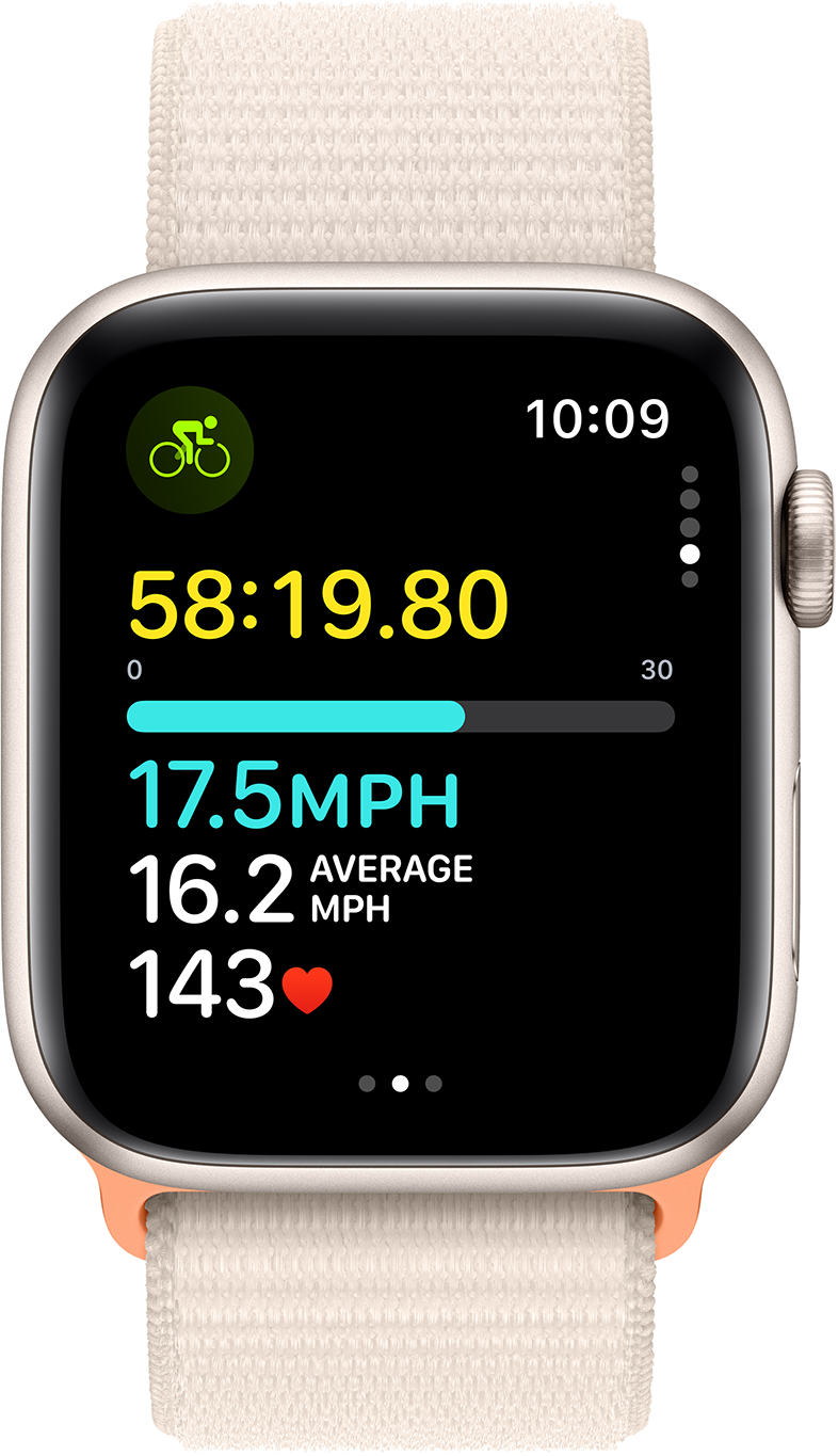 Apple Watch kerékpározási adatokkal: idő, sebesség, pulzus és távolság.