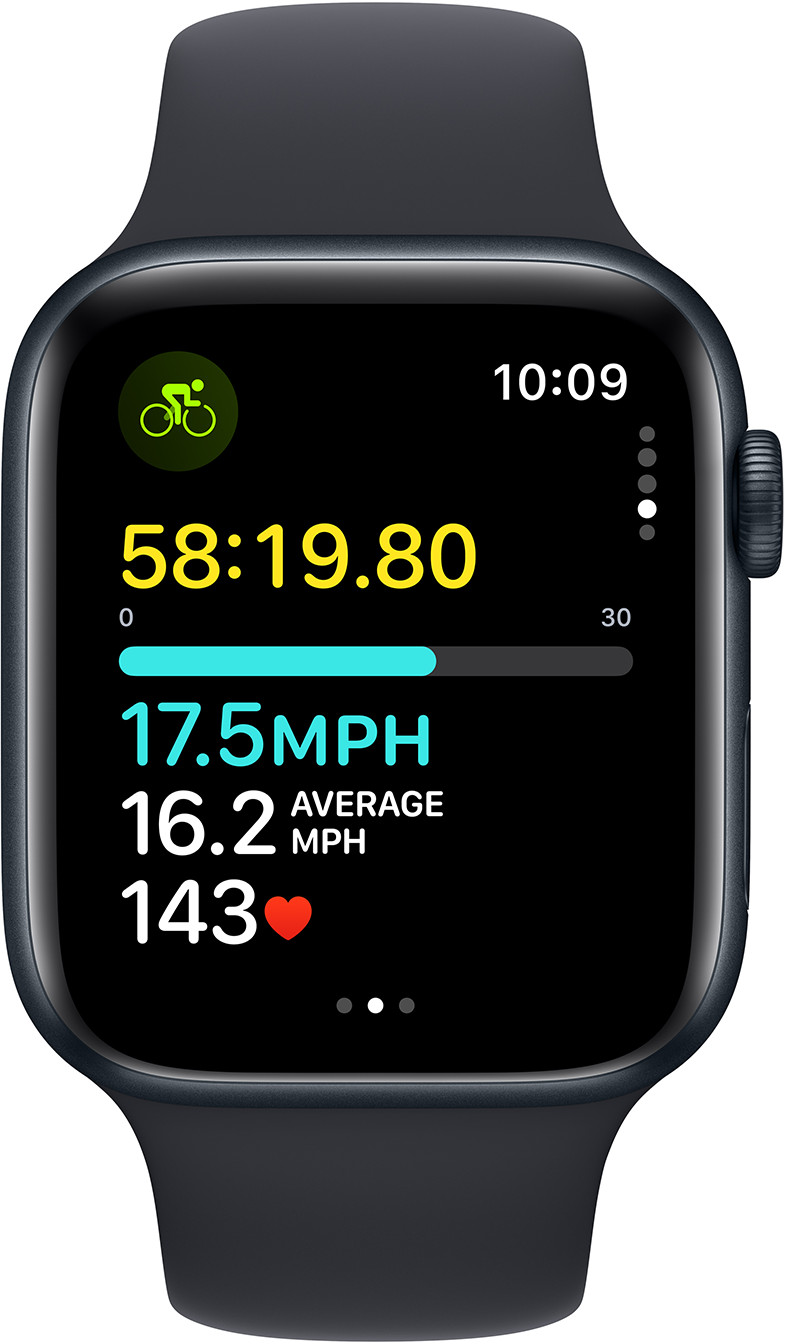 Apple Watch fekete képernyővel, kerékpáros adatokkal, szöveggel és pulzusmérővel.