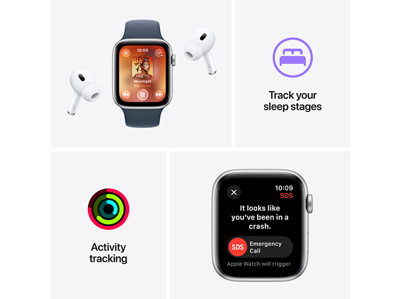Apple Watch, fülhallgatók, alváskövetés és aktivitáskövetés ikonok fehér háttéren.