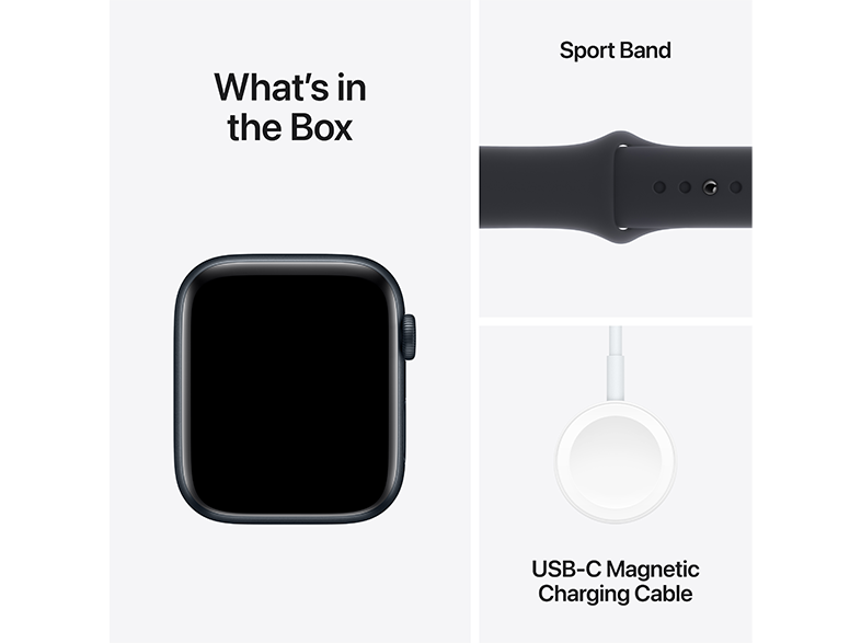 Apple Watch doboz sport szíjjal és töltőkábellel. Fekete óralap.